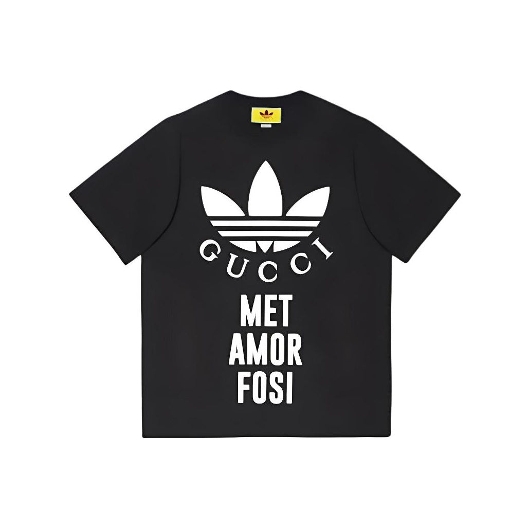 Kaos Lengan Pendek Kasual Leher Bulat dengan Cetakan Logo GUCCI x adidas Originals, Unisex, Hitam