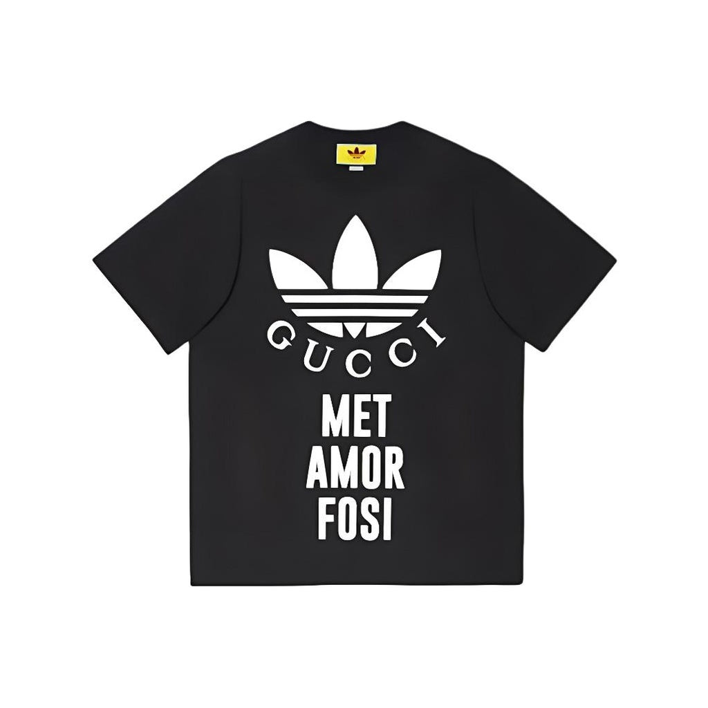 Kaos Lengan Pendek Kasual Leher Bulat dengan Cetakan Logo GUCCI x adidas Originals, Unisex, Hitam
