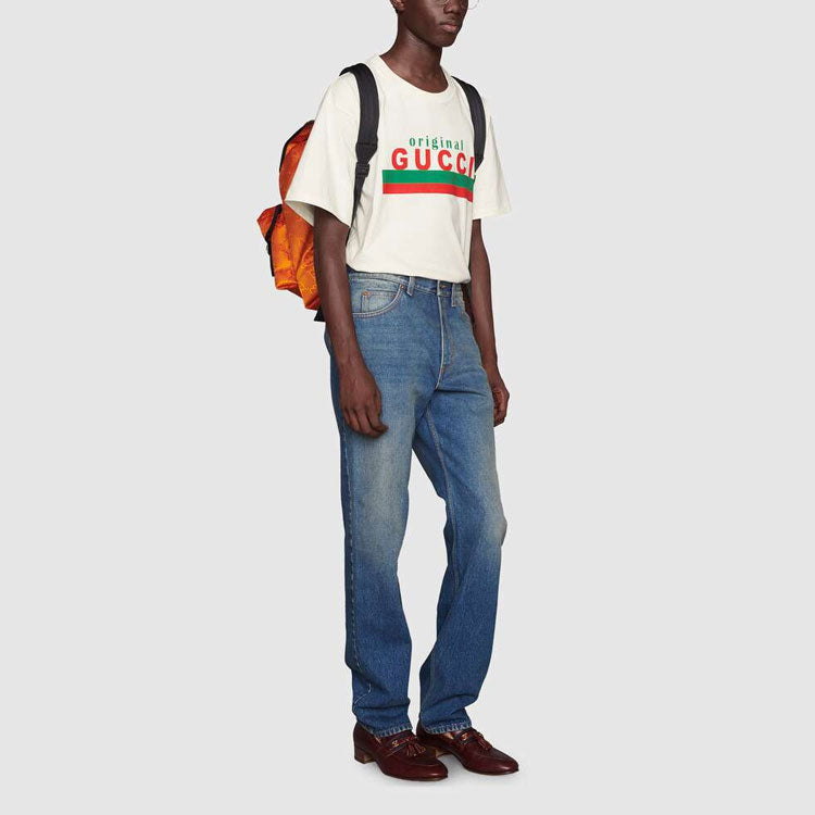 Kaos Lengan Pendek dengan Logo GUCCI, Unisex, Warna Putih Gading