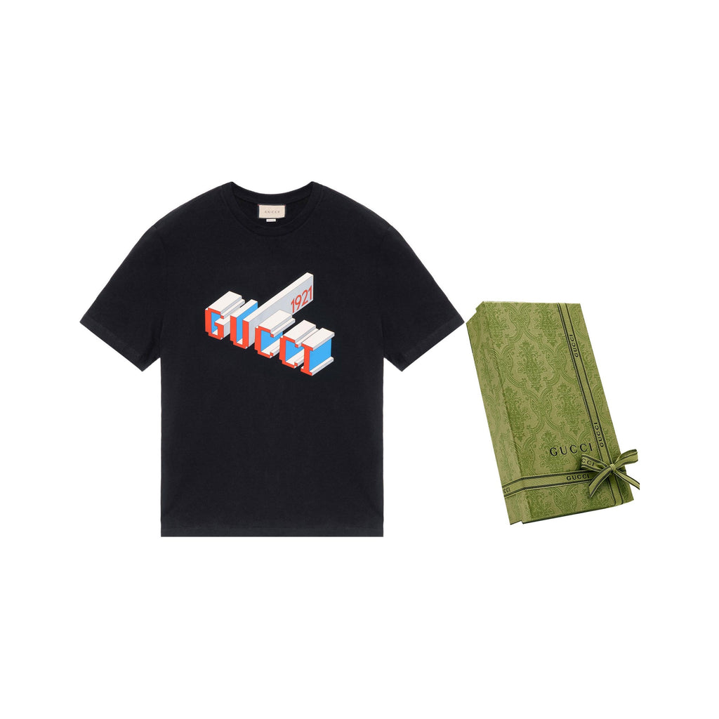 Kaos Lengan Pendek Kerah Bulat GUCCI dengan Huruf dan Angka, Unisex, Hitam