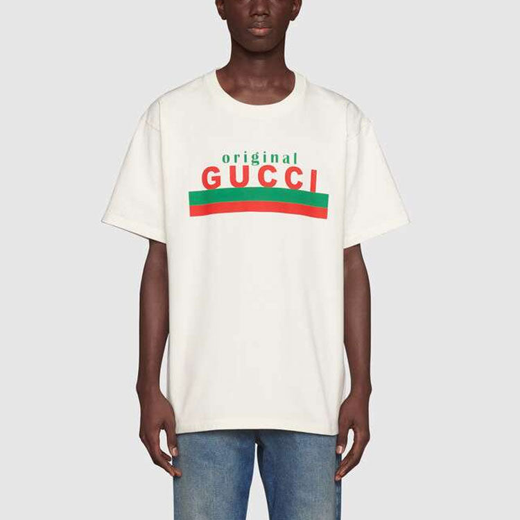 Kaos Lengan Pendek dengan Logo GUCCI, Unisex, Warna Putih Gading