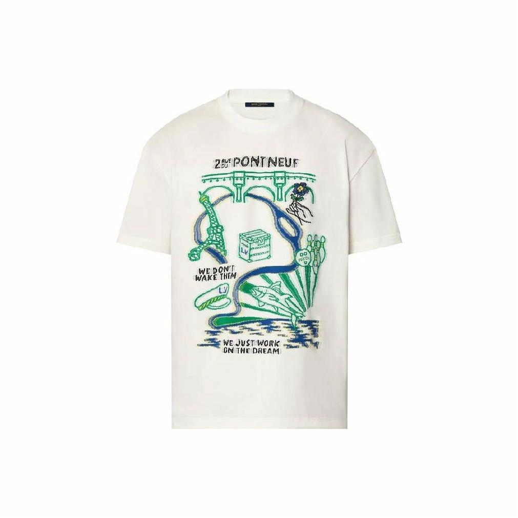 LOUIS VUITTON SS23 Kaos Lengan Pendek Leher Bulat dengan Cetakan Huruf, Unisex, Putih