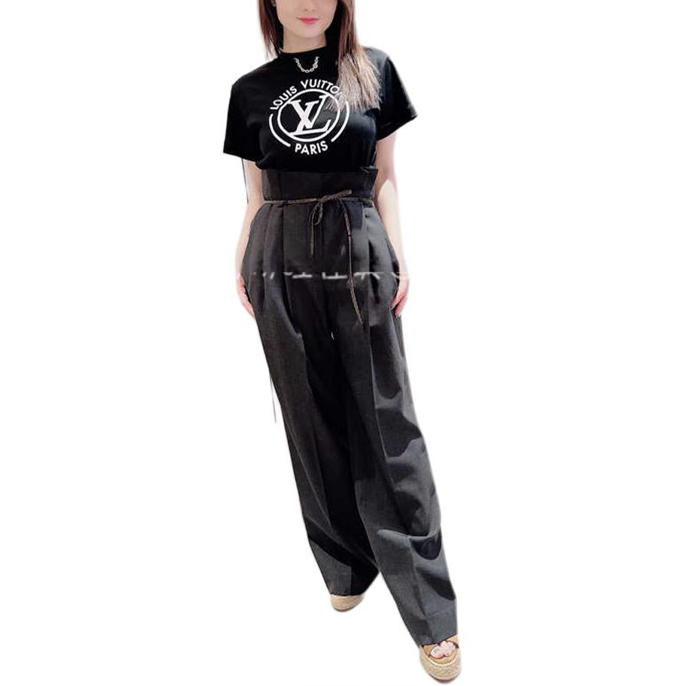 LOUIS VUITTON FW24 Koleksi By the Pool Kaos Lengan Pendek Leher Bulat dengan Logo Cetak Putih, Unisex, Hitam