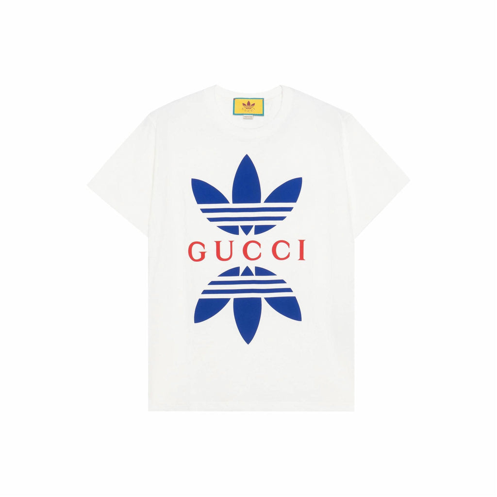 Kolaborasi GUCCI x adidas Originals SS22 Kaos Lengan Pendek Pria dengan Cetak Logo Blok Warna Geometris, Putih