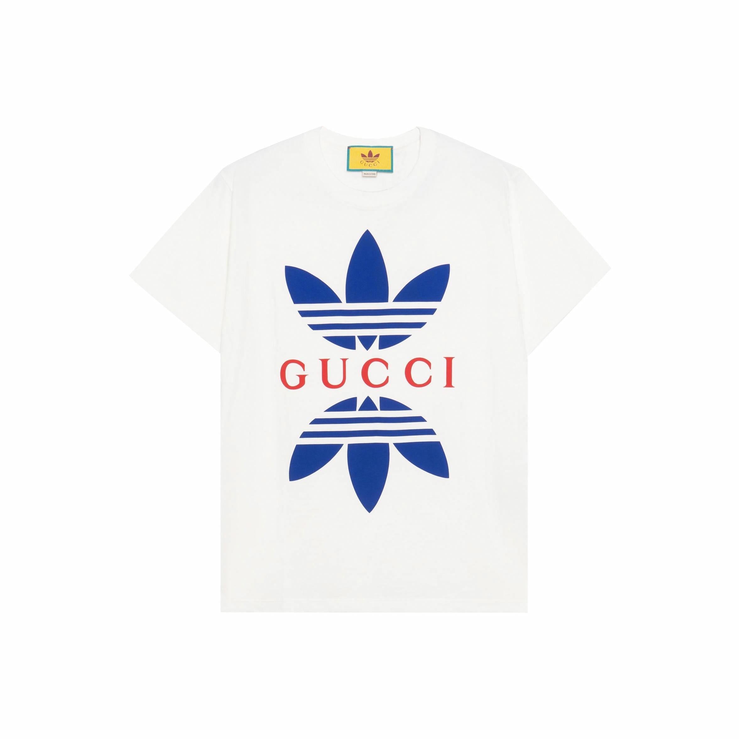 Kolaborasi GUCCI x adidas Originals SS22 Kaos Lengan Pendek Pria dengan Cetak Logo Blok Warna Geometris, Putih