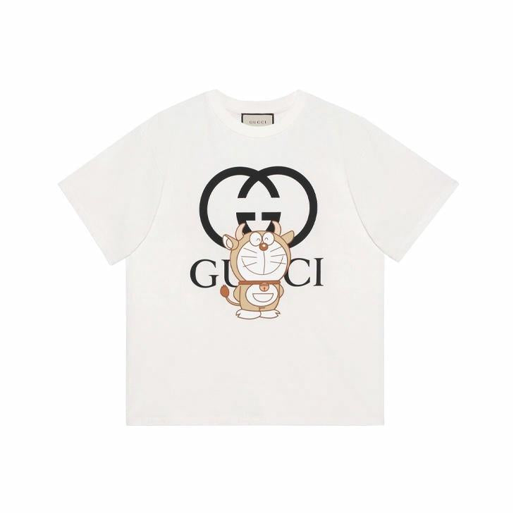 Kolaborasi GUCCI x Doraemon SS21 Edisi Spesial Kaos Lengan Pendek Kerah Bulat Longgar Motif Doraemon, Unisex, Putih