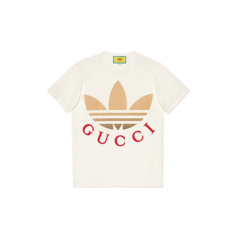 Kaos Lengan Pendek Leher Bulat Kolaborasi GUCCI x adidas Originals SS23 dengan Cetak Logo, Unisex, Putih