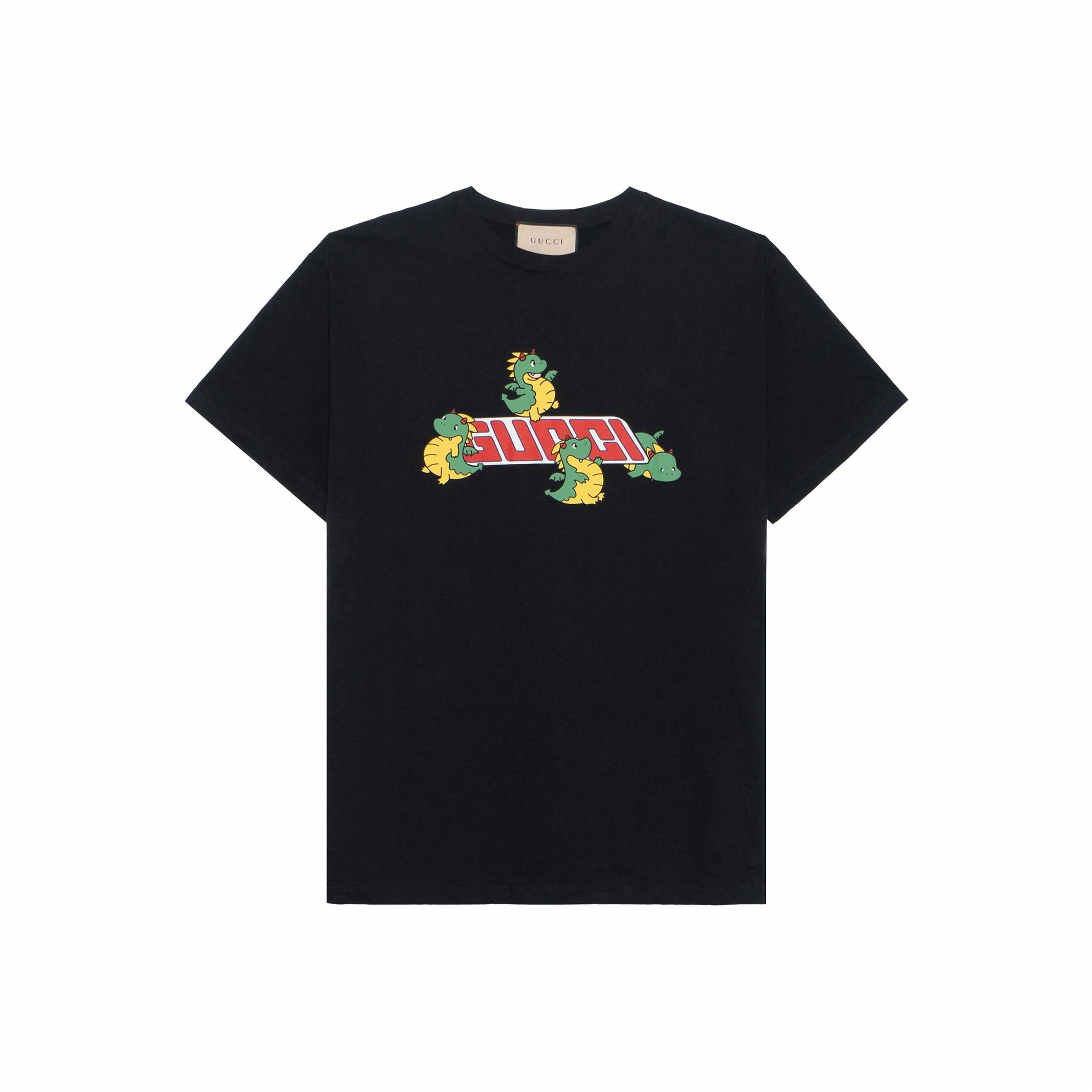 Kaos Lengan Pendek GUCCI SS24 Logo Naga Bayi, Unisex, Hitam