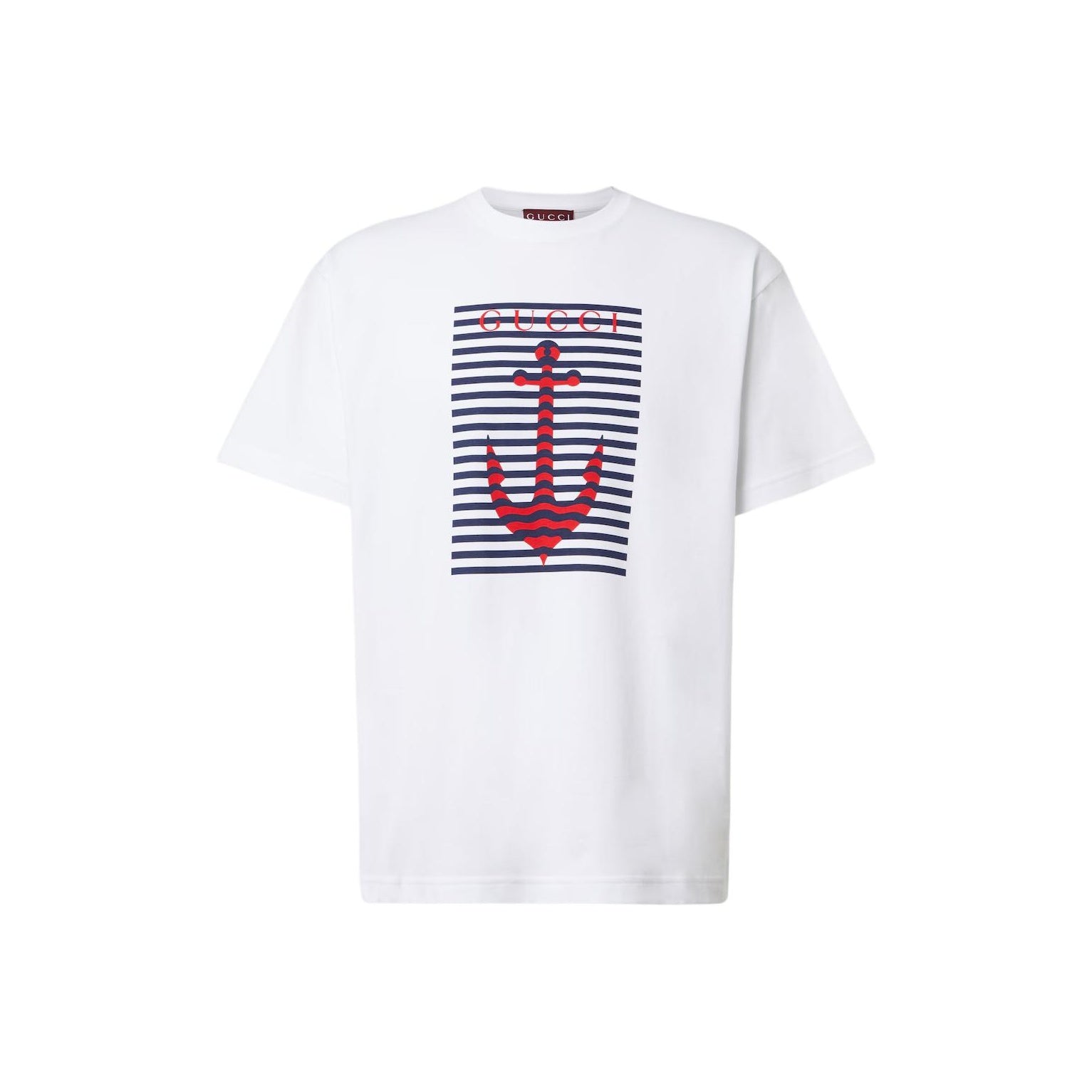 Kaos Lengan Pendek Leher Bulat Katun Rajut Bermotif Koleksi Awal Musim Gugur GUCCI Lido FW25, Unisex, Putih