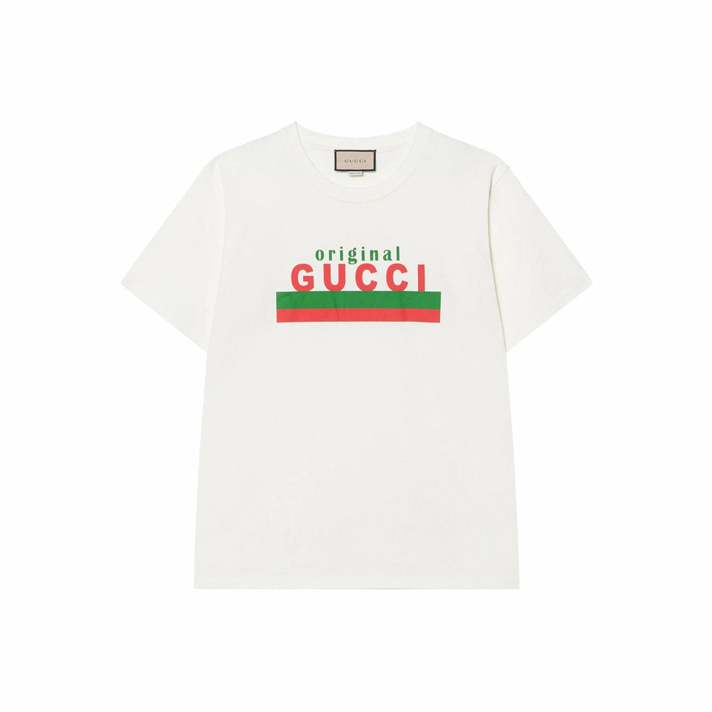 Kaos Lengan Pendek dengan Logo GUCCI, Unisex, Warna Putih Gading
