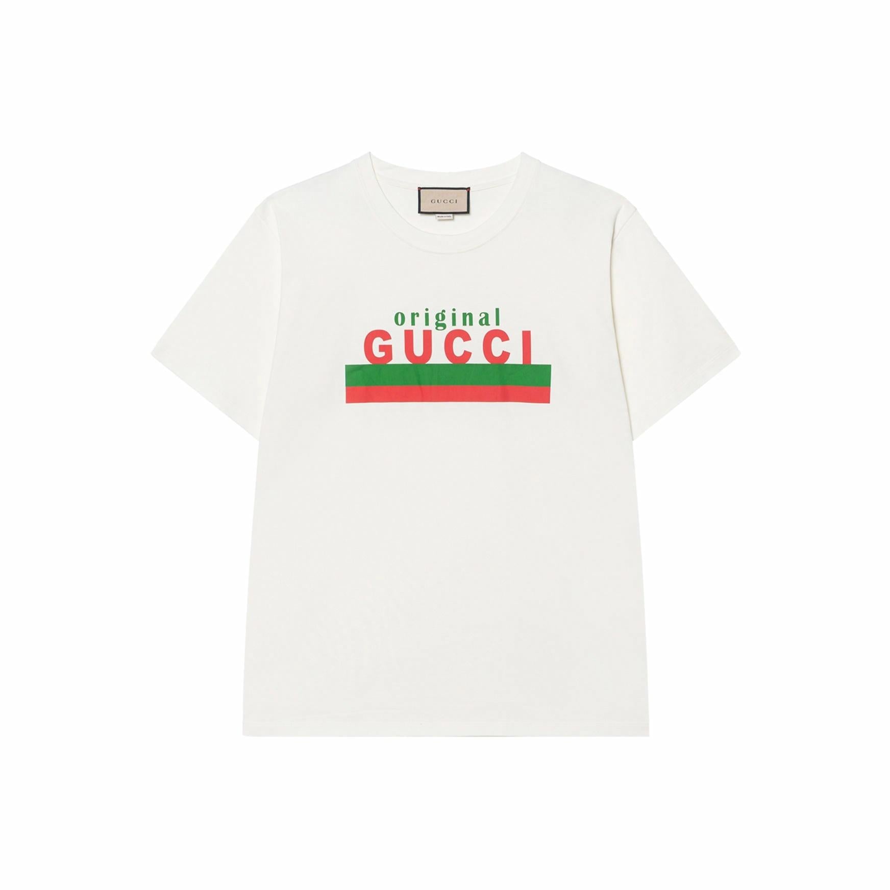 Kaos Lengan Pendek dengan Logo GUCCI, Unisex, Warna Putih Gading