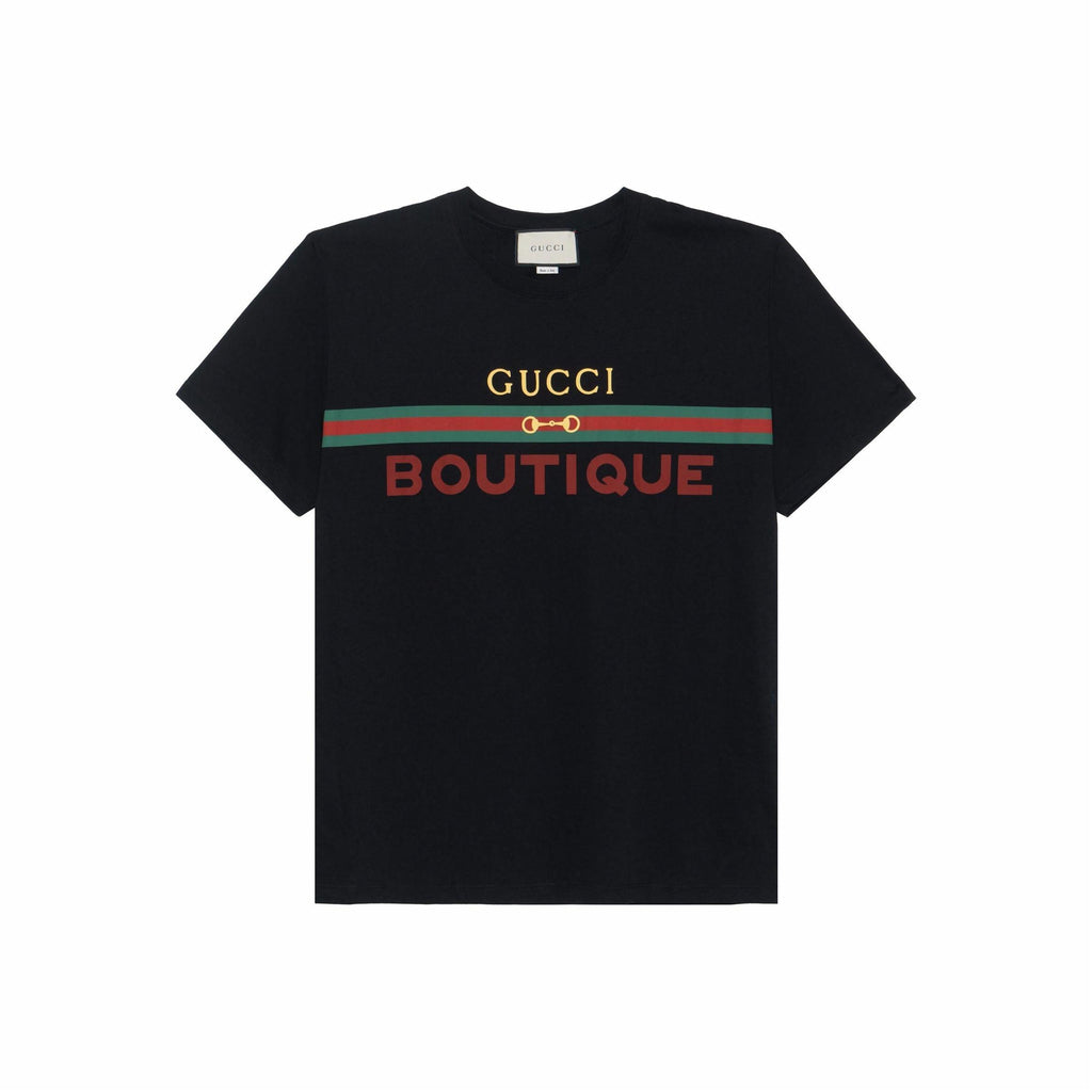 Kaos Lengan Pendek Longgar GUCCI SS20 dengan Cetakan Logo, Unisex, Hitam
