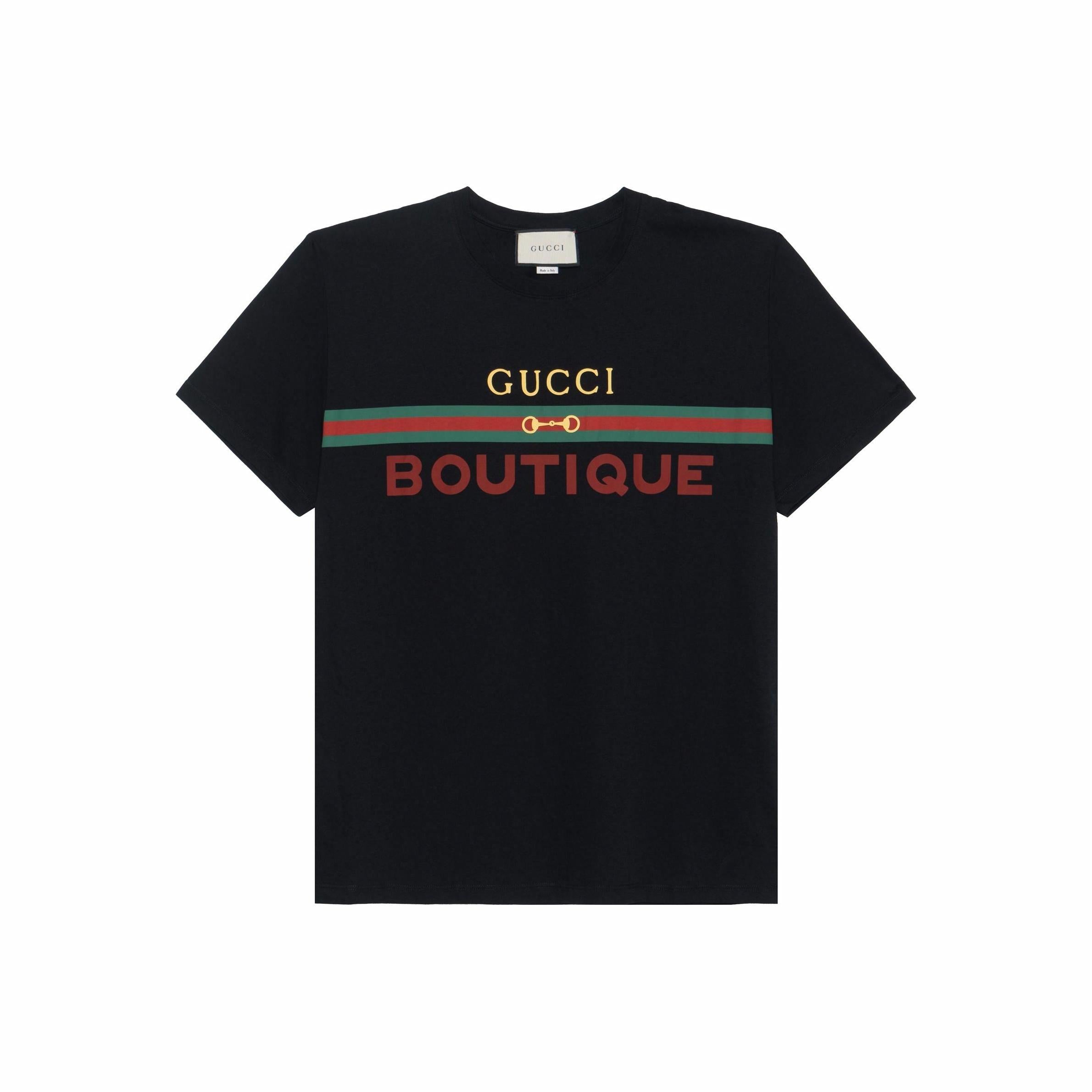 Kaos Lengan Pendek Longgar GUCCI SS20 dengan Cetakan Logo, Unisex, Hitam