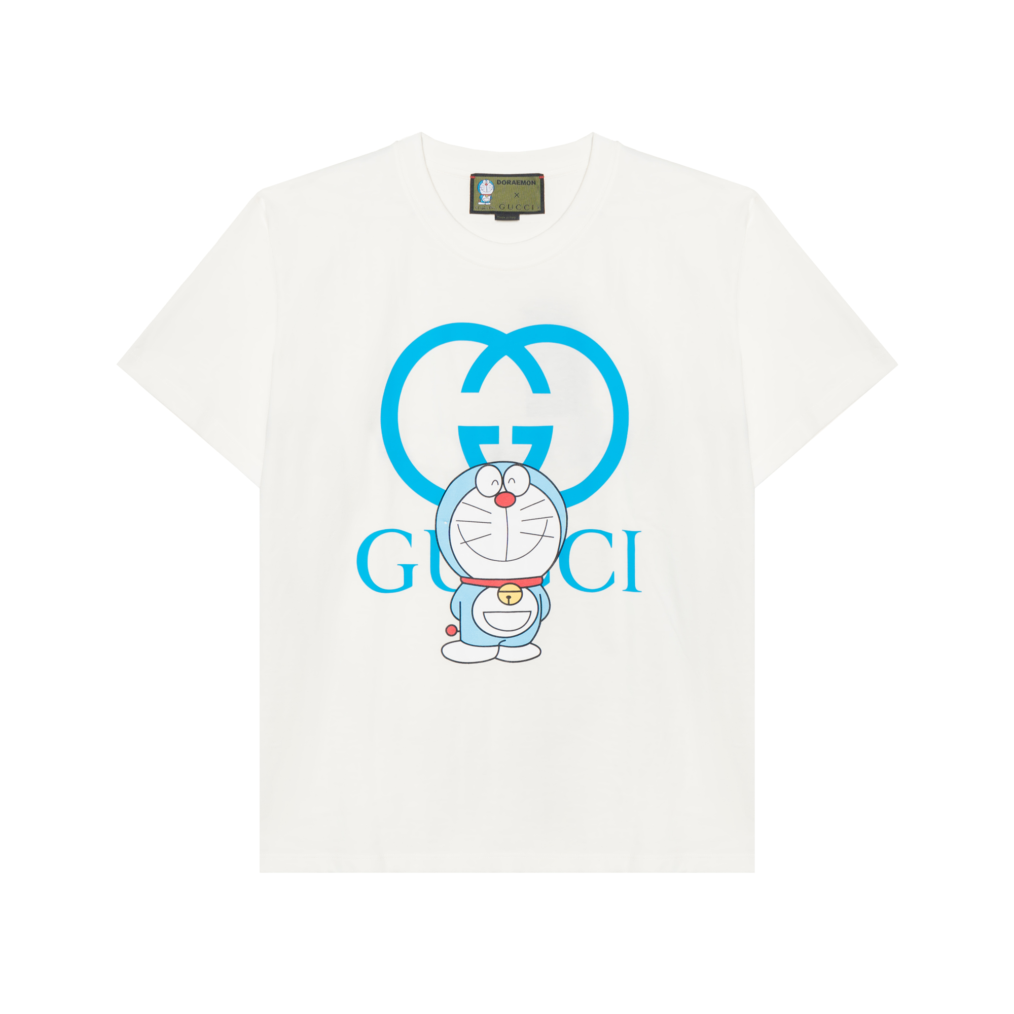 Kolaborasi GUCCI x Doraemon: Kaos Lengan Pendek Longgar Berkerah Bulat dengan Motif Doraemon, Unisex, Putih