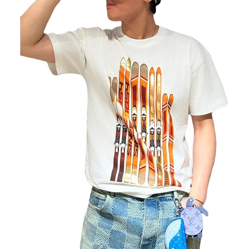 LOUIS VUITTON SKI Ski Collection FW24 Kaos Lengan Pendek Leher Bulat Bahu Jatuh Bermotif, Unisex, Putih
