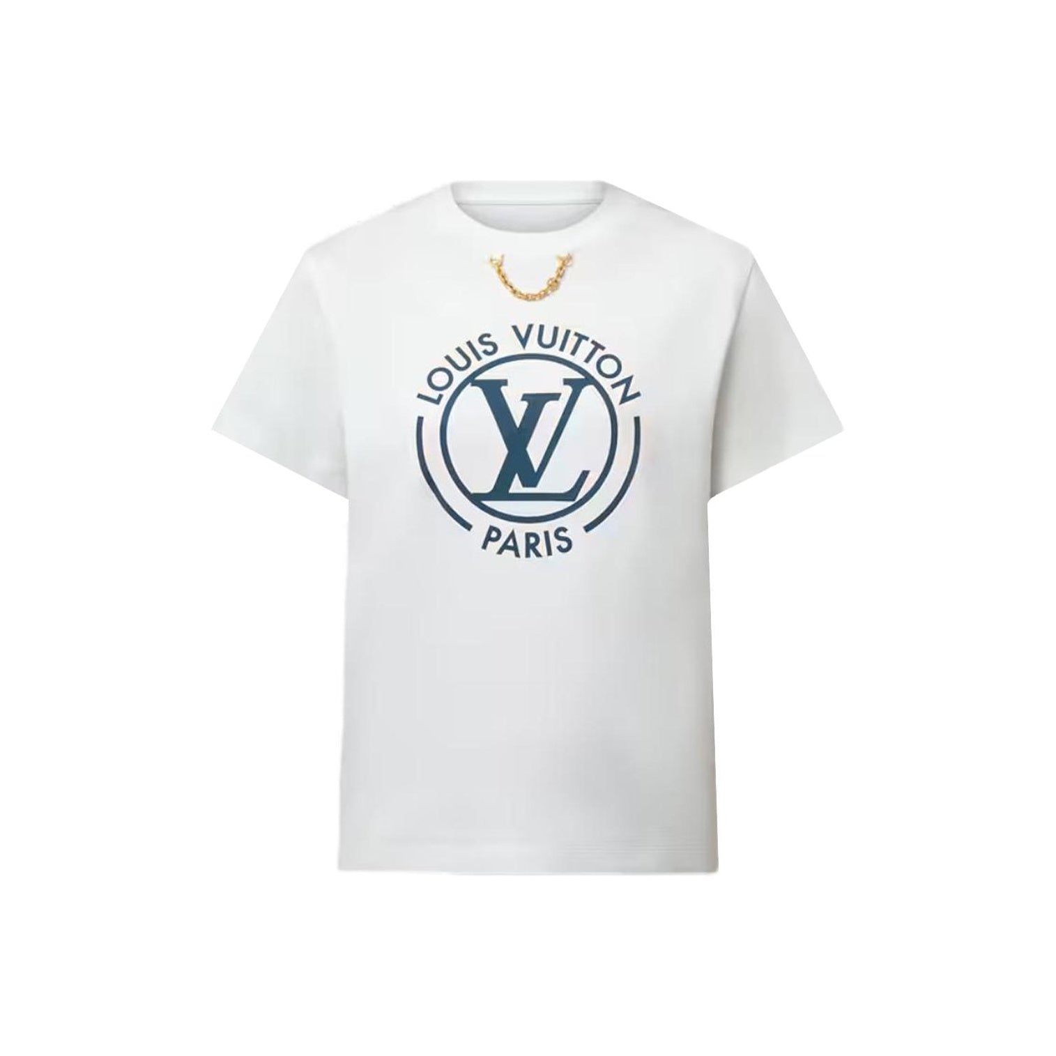 Kaos LOUIS VUITTON By the Pool, lengan pendek, kerah bulat dengan hiasan rantai huruf, unisex, putih.