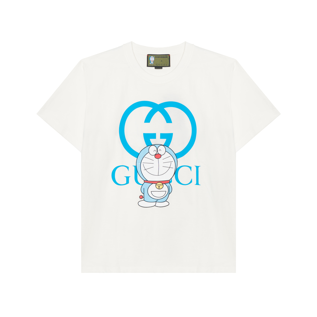Kolaborasi GUCCI x Doraemon: Kaos Lengan Pendek Longgar Berkerah Bulat dengan Motif Doraemon, Unisex, Putih
