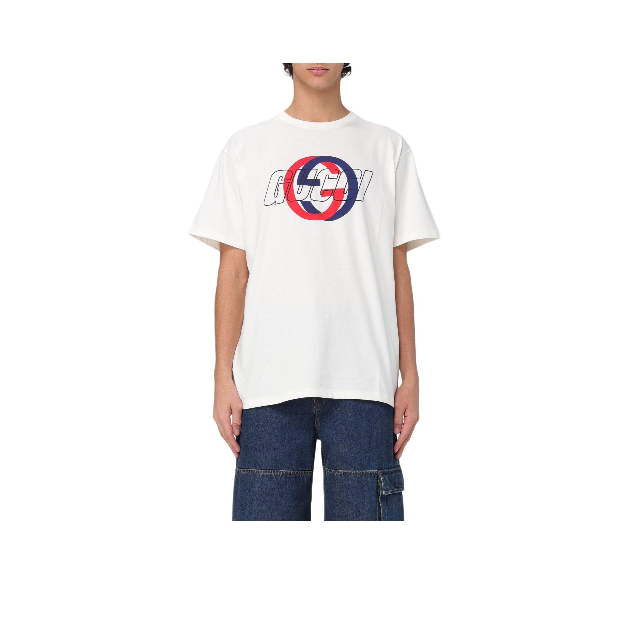 Kaos Lengan Pendek Leher Bulat dengan Cetakan Logo GUCCI SS24, Unisex, Putih