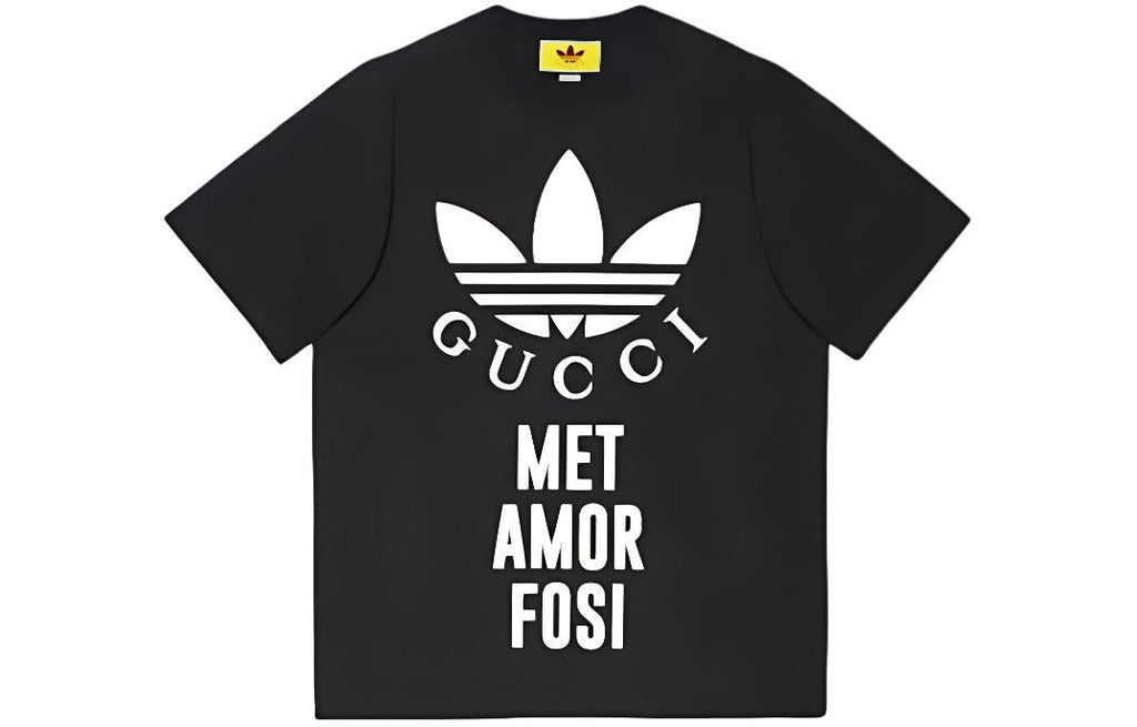 Kaos Lengan Pendek Kasual Leher Bulat dengan Cetakan Logo GUCCI x adidas Originals, Unisex, Hitam