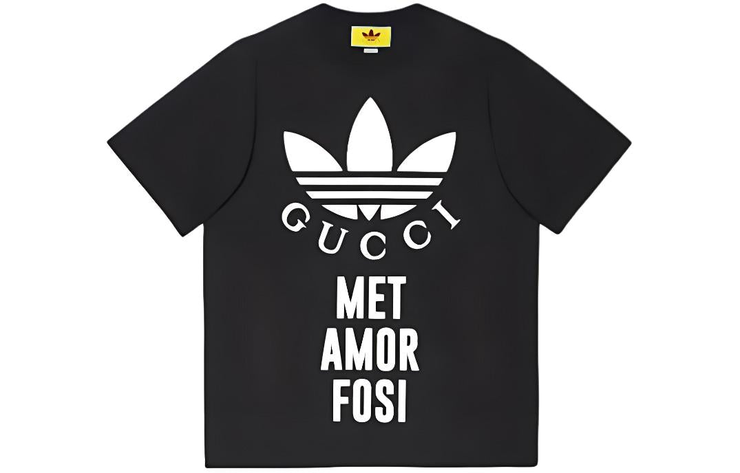Kaos Lengan Pendek Kasual Leher Bulat dengan Cetakan Logo GUCCI x adidas Originals, Unisex, Hitam