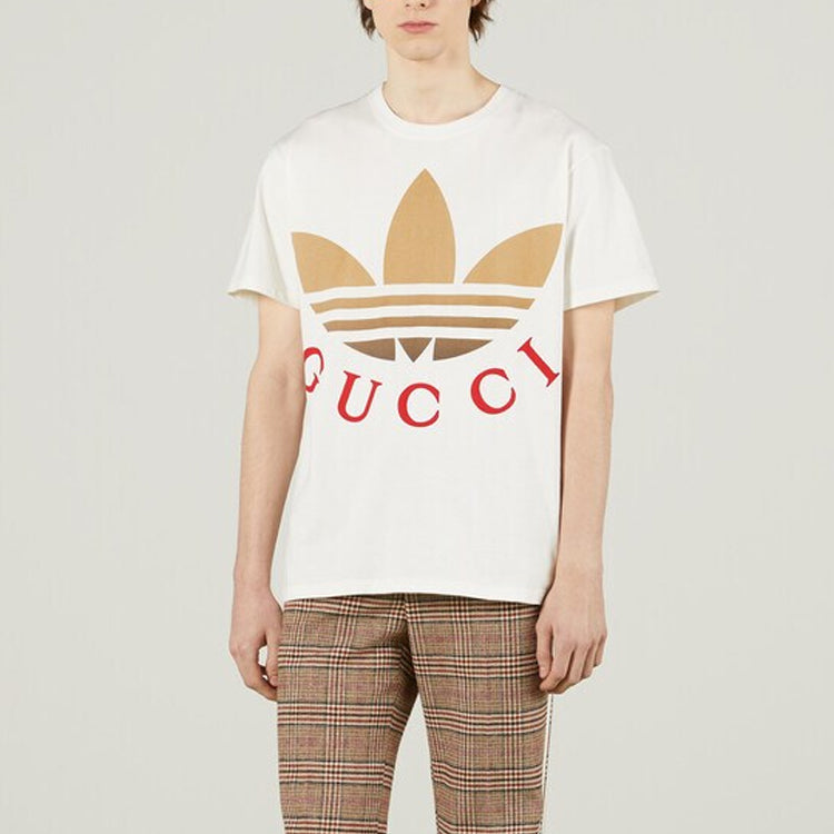 Kaos Lengan Pendek Leher Bulat Kolaborasi GUCCI x adidas Originals SS23 dengan Cetak Logo, Unisex, Putih