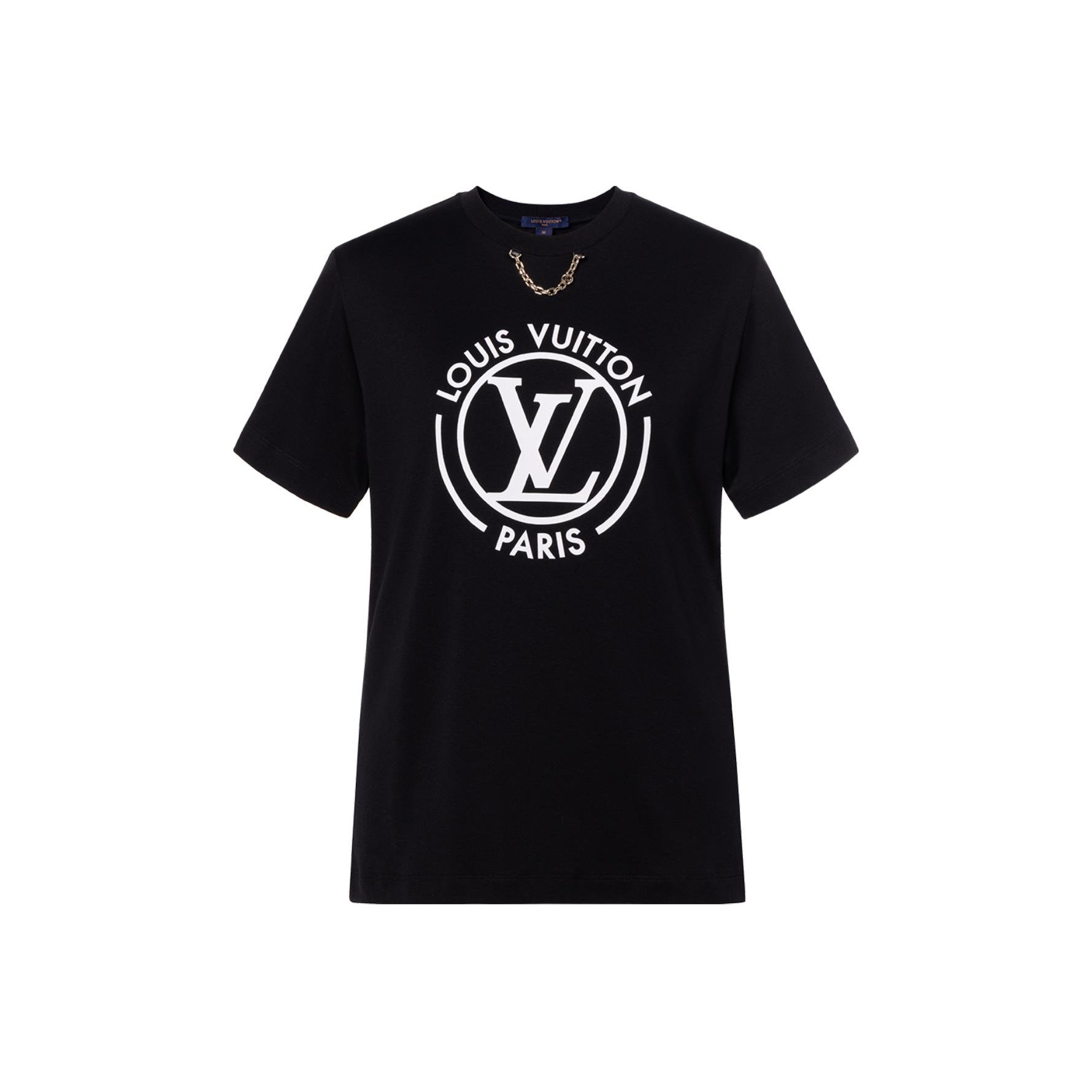 LOUIS VUITTON FW24 Koleksi By the Pool Kaos Lengan Pendek Leher Bulat dengan Logo Cetak Putih, Unisex, Hitam