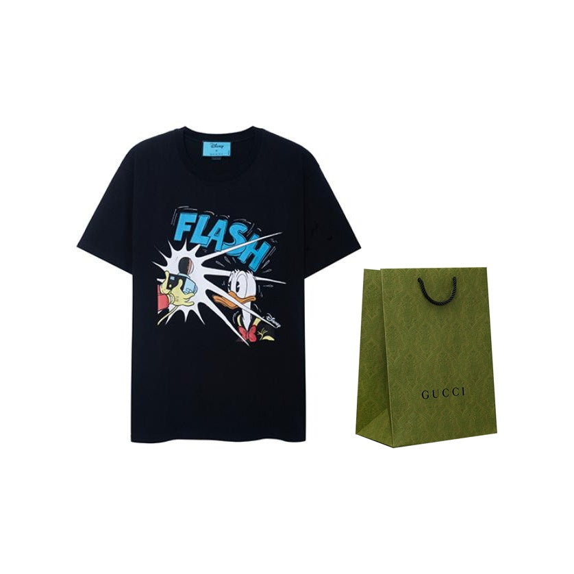 Kaos Lengan Pendek Motif Donald Duck Kolaborasi GUCCI x Disney SS21, Unisex, Hitam