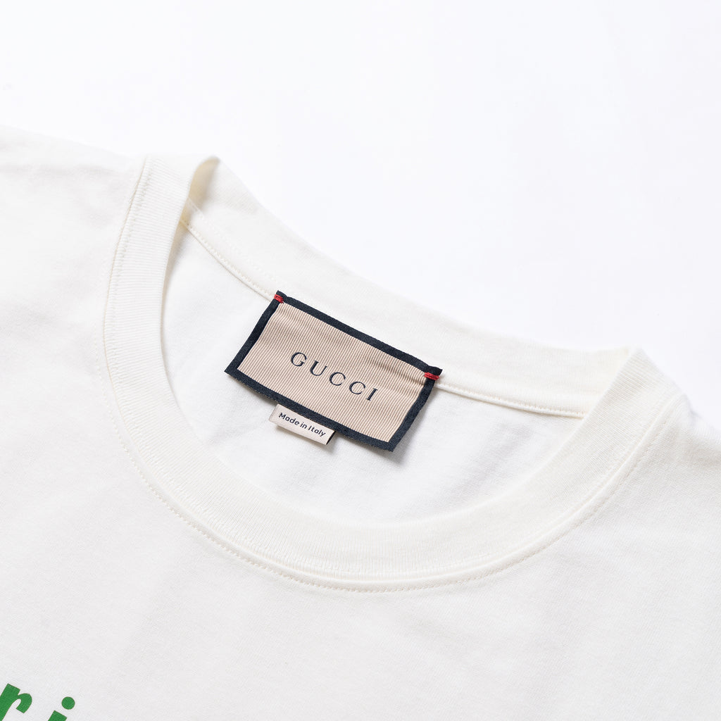 Kaos Lengan Pendek dengan Logo GUCCI, Unisex, Warna Putih Gading