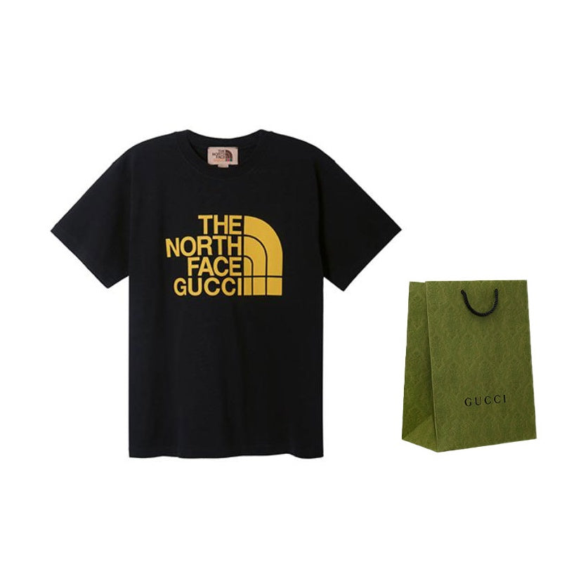 Kaos Lengan Pendek Kerah Bulat Longgar dengan Cetakan Logo GUCCI x THE NORTH FACE, Unisex, Hitam