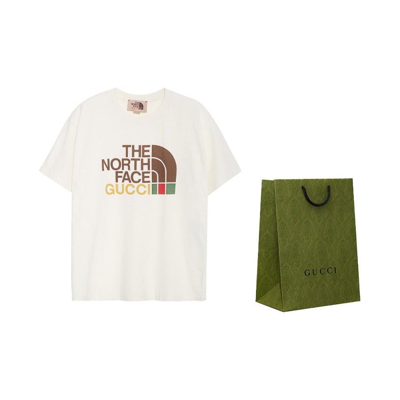 Kaos Lengan Pendek Leher Bulat Ukuran Besar dengan Cetakan Logo GUCCI x THE NORTH FACE, Unisex, Putih