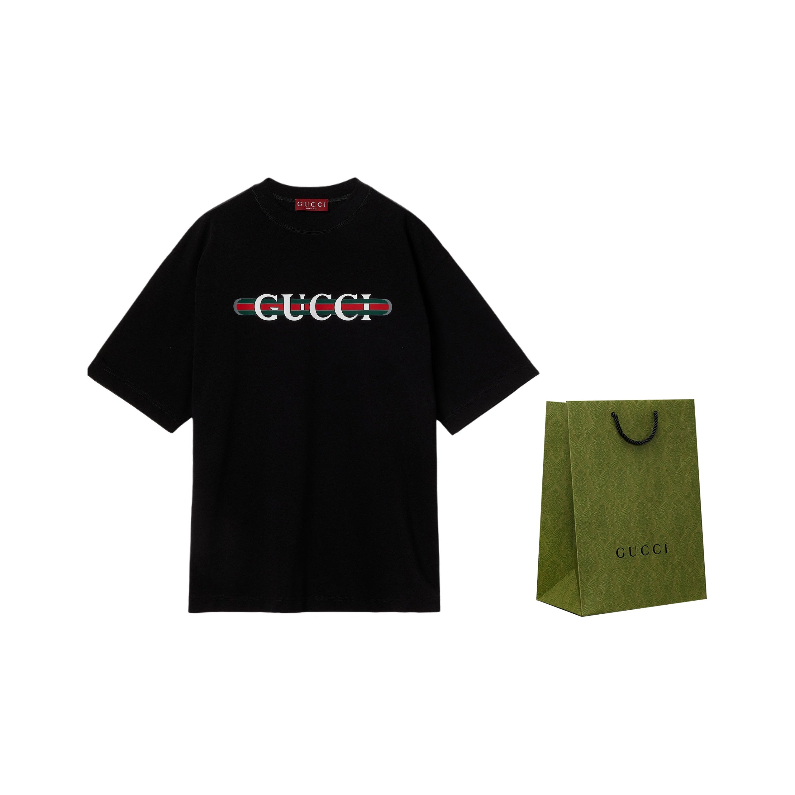 Kaos lengan pendek longgar berlogo GUCCI, unisex, warna hitam.