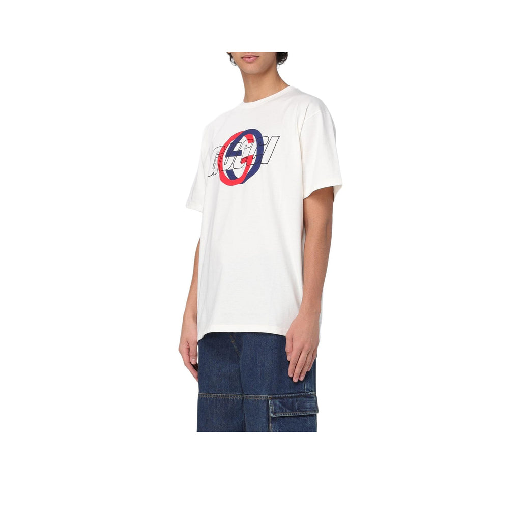 Kaos Lengan Pendek Leher Bulat dengan Cetakan Logo GUCCI SS24, Unisex, Putih