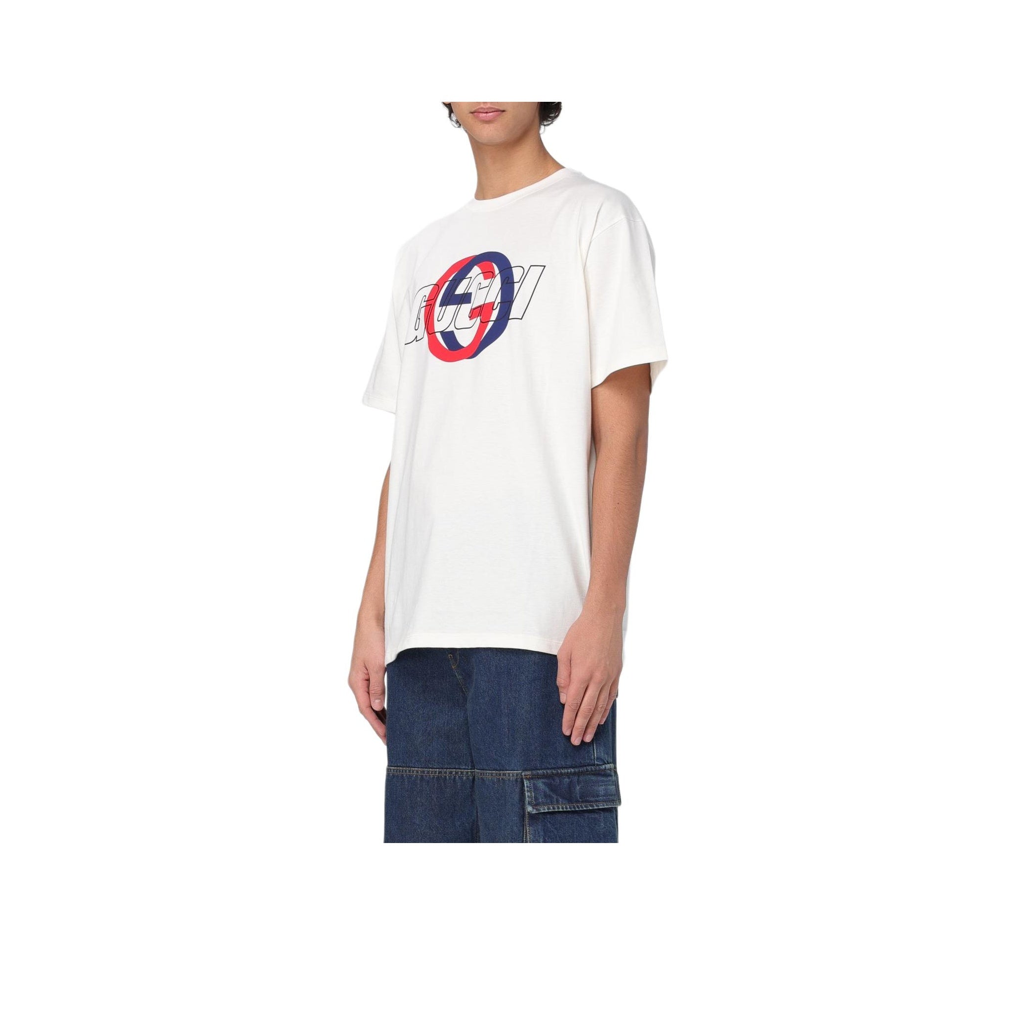 Kaos Lengan Pendek Leher Bulat dengan Cetakan Logo GUCCI SS24, Unisex, Putih