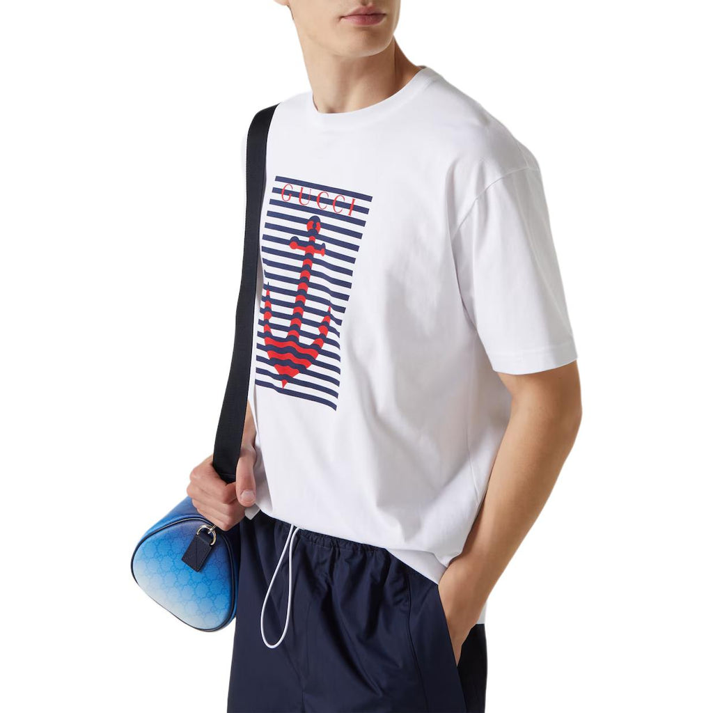 Kaos Lengan Pendek Leher Bulat Katun Rajut Bermotif Koleksi Awal Musim Gugur GUCCI Lido FW25, Unisex, Putih