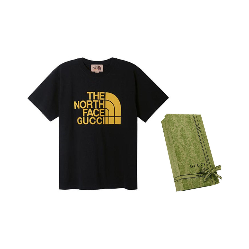 Kaos Lengan Pendek Kerah Bulat Longgar dengan Cetakan Logo GUCCI x THE NORTH FACE, Unisex, Hitam