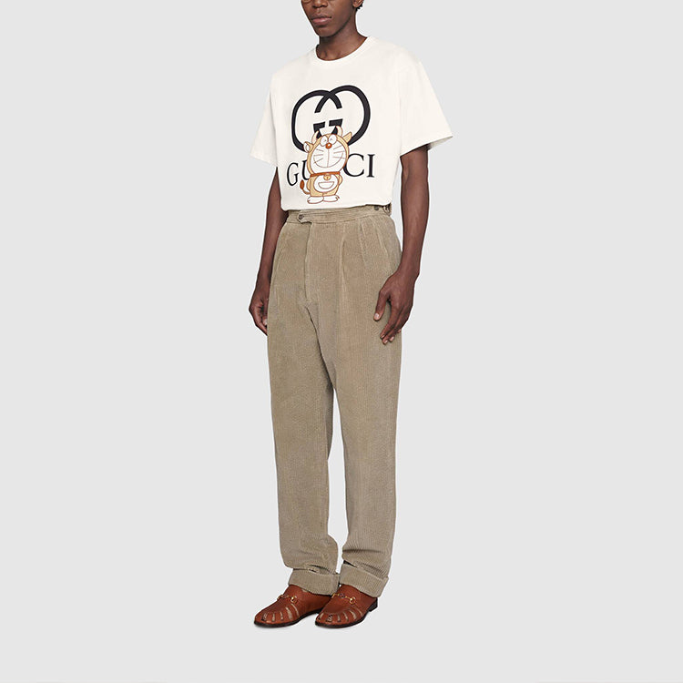 Kolaborasi GUCCI x Doraemon SS21 Edisi Spesial Kaos Lengan Pendek Kerah Bulat Longgar Motif Doraemon, Unisex, Putih