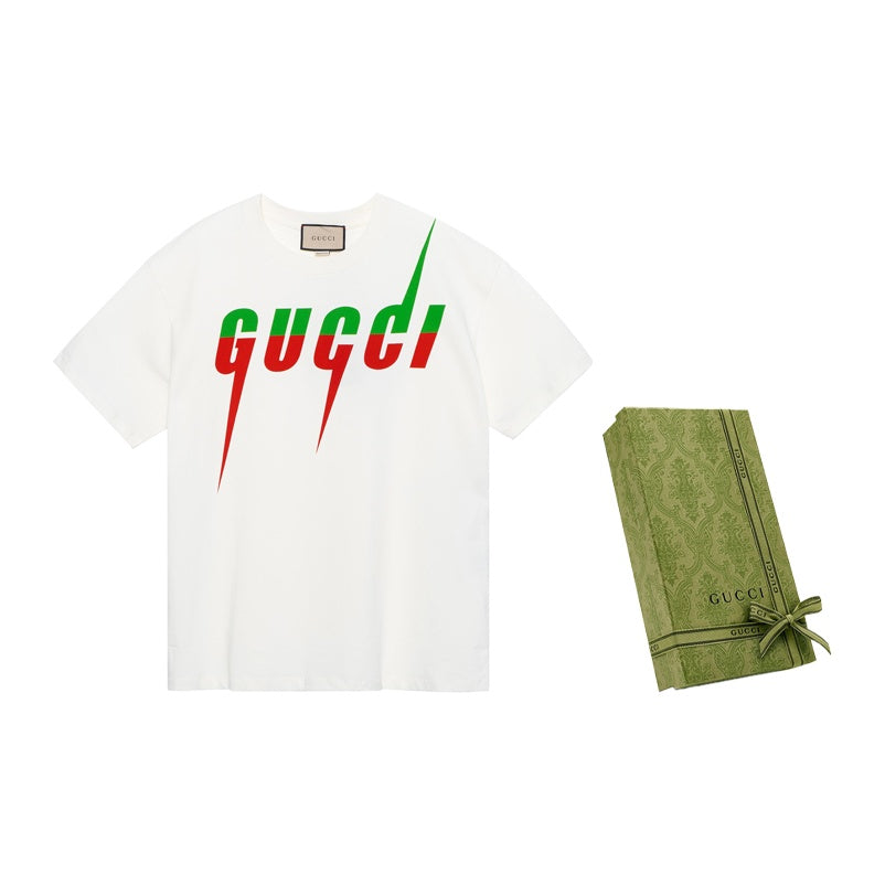 Kaos Lengan Pendek Leher Bulat Motif GUCCI Lido Blade, Unisex, Putih
