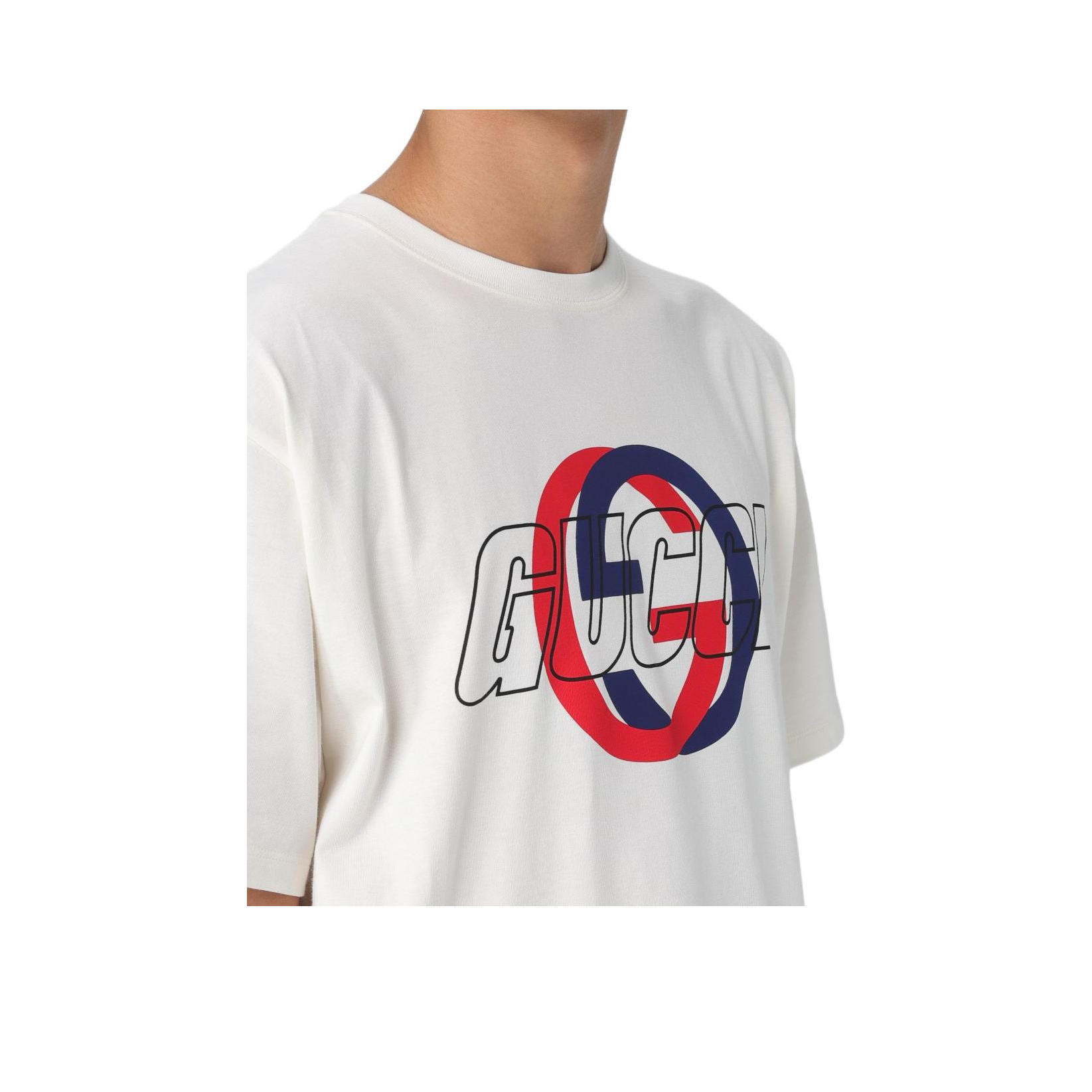 Kaos Lengan Pendek Leher Bulat dengan Cetakan Logo GUCCI SS24, Unisex, Putih