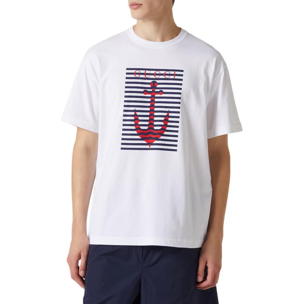 Kaos Lengan Pendek Leher Bulat Katun Rajut Bermotif Koleksi Awal Musim Gugur GUCCI Lido FW25, Unisex, Putih