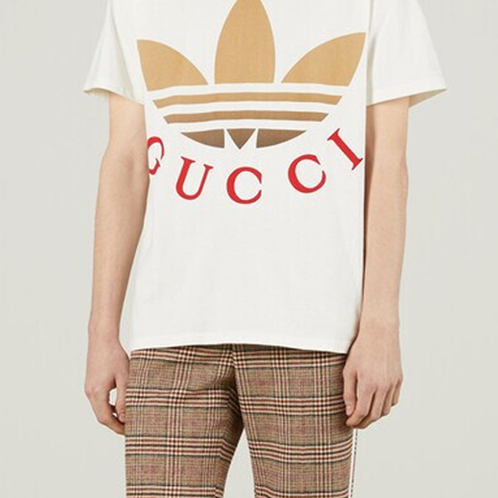 Kaos Lengan Pendek Leher Bulat Kolaborasi GUCCI x adidas Originals SS23 dengan Cetak Logo, Unisex, Putih
