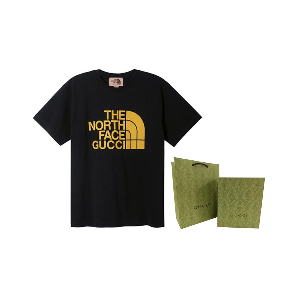 Kaos Lengan Pendek Kerah Bulat Longgar dengan Cetakan Logo GUCCI x THE NORTH FACE, Unisex, Hitam