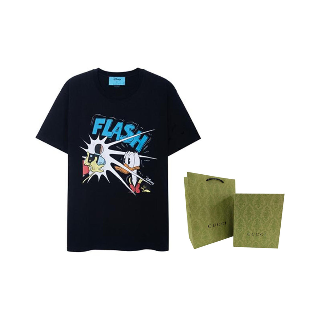 Kaos Lengan Pendek Motif Donald Duck Kolaborasi GUCCI x Disney SS21, Unisex, Hitam