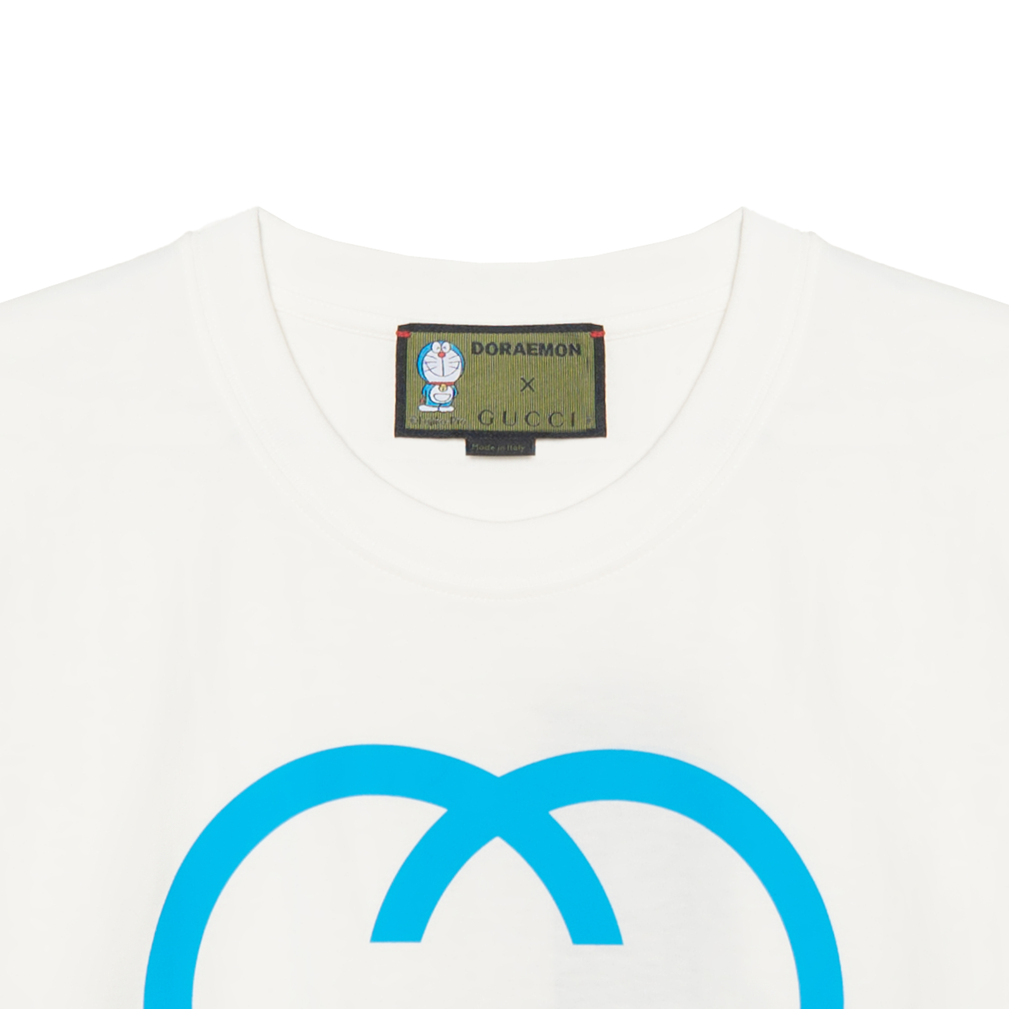 Kolaborasi GUCCI x Doraemon: Kaos Lengan Pendek Longgar Berkerah Bulat dengan Motif Doraemon, Unisex, Putih