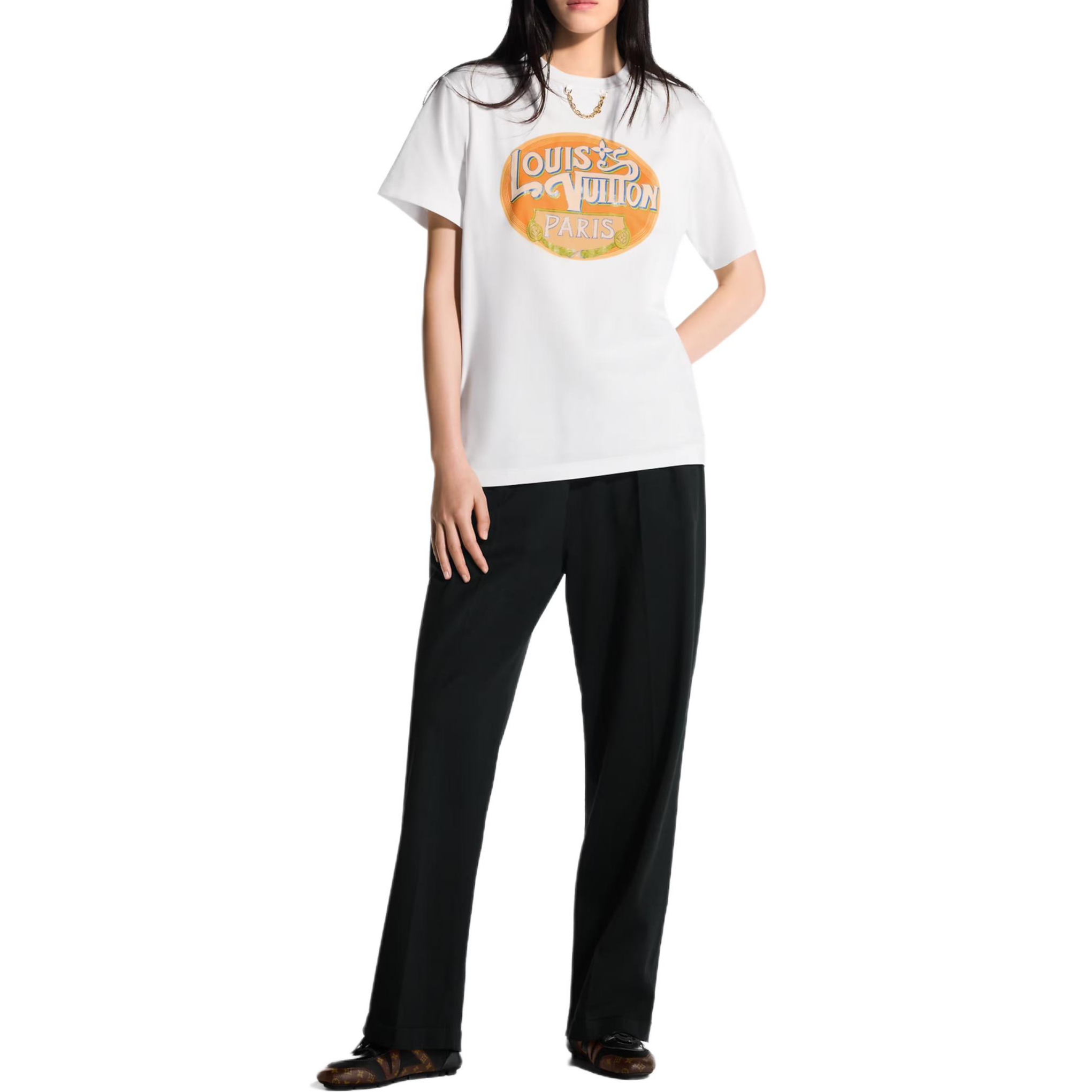 Kaos Lengan Pendek Leher Bulat dengan Detail Rantai LOUIS VUITTON, Unisex, Putih