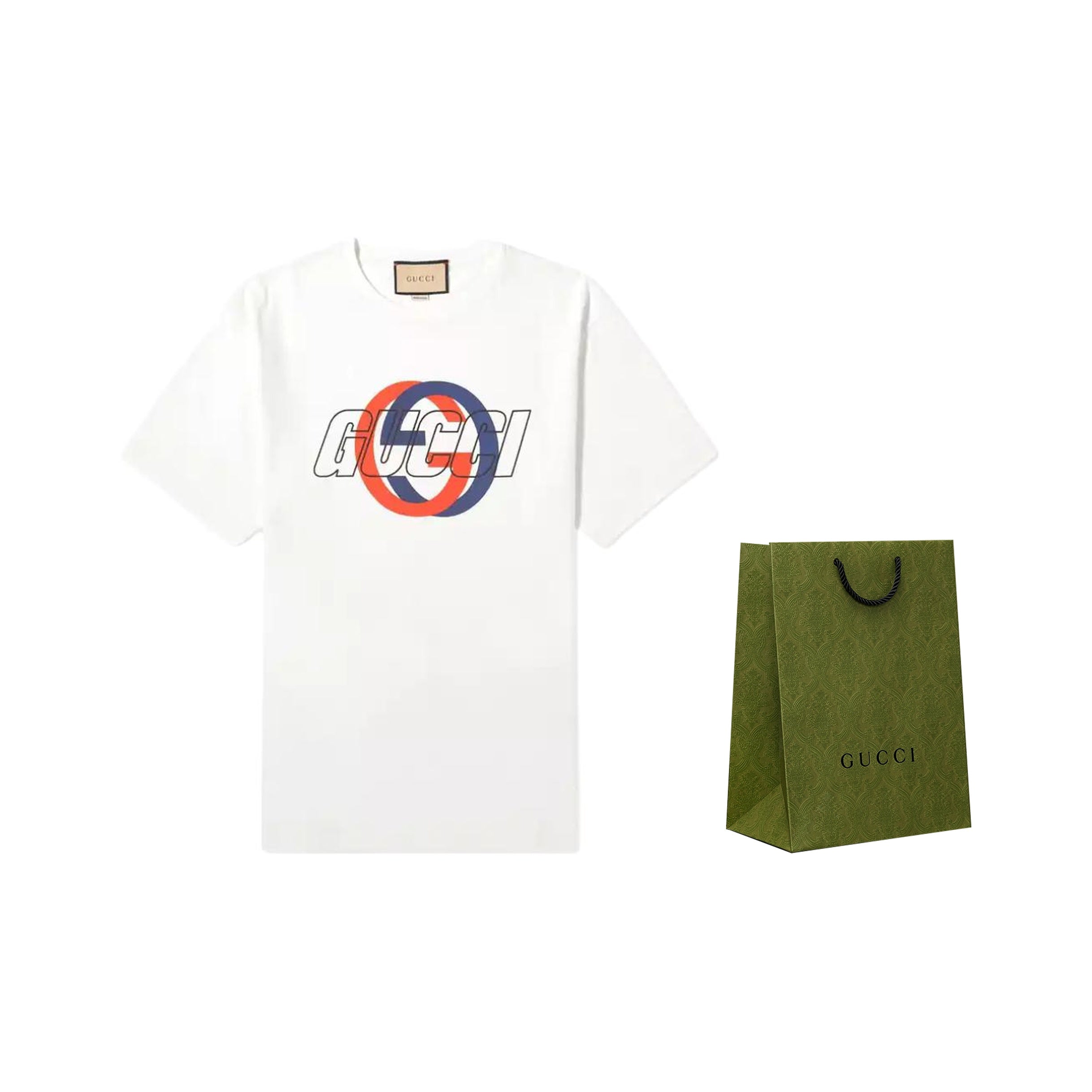 Kaos Lengan Pendek Leher Bulat dengan Cetakan Logo GUCCI SS24, Unisex, Putih