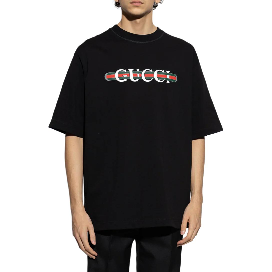 Kaos lengan pendek longgar berlogo GUCCI, unisex, warna hitam.