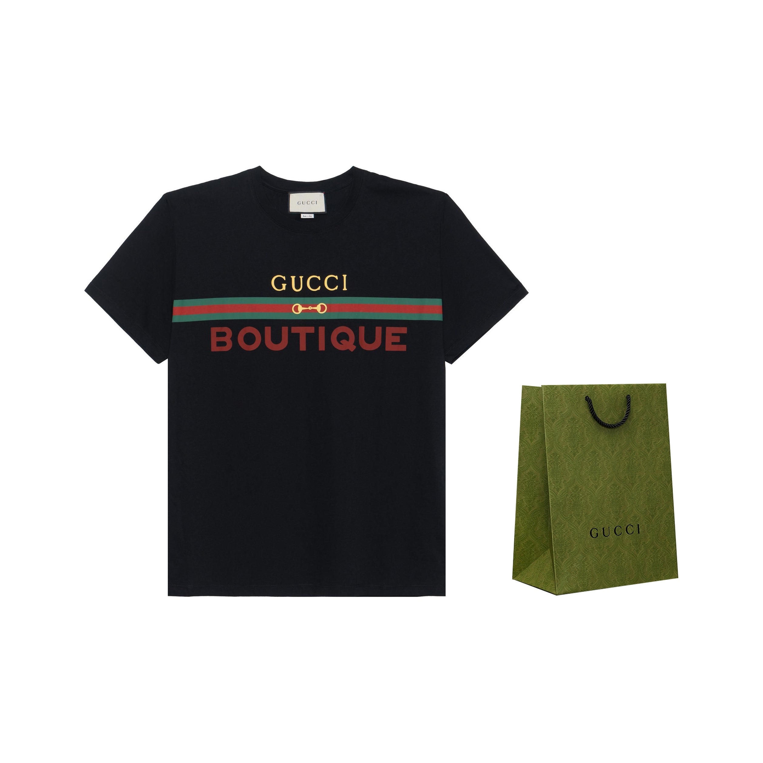 Kaos Lengan Pendek Longgar GUCCI SS20 dengan Cetakan Logo, Unisex, Hitam