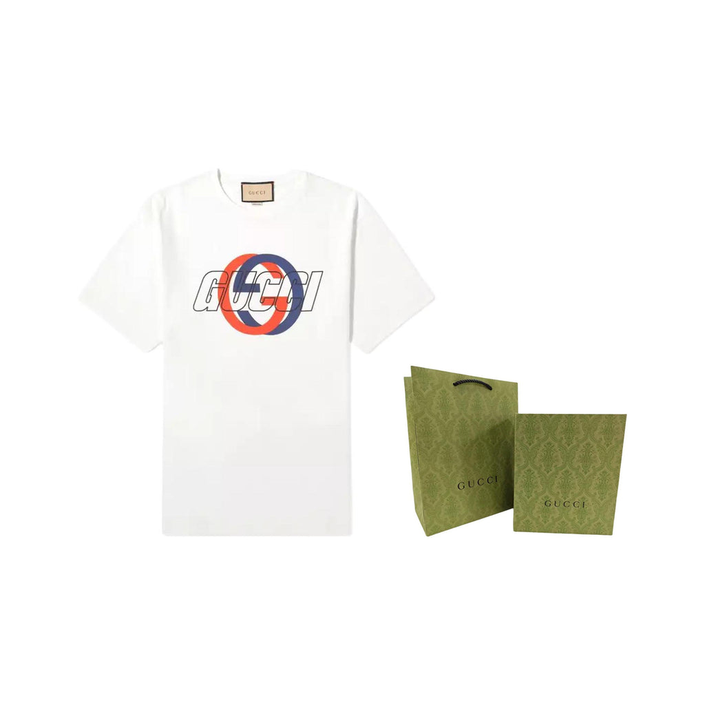 Kaos Lengan Pendek Leher Bulat dengan Cetakan Logo GUCCI SS24, Unisex, Putih