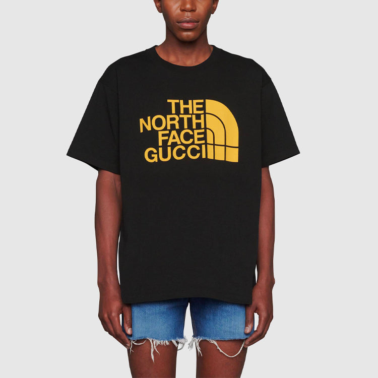 Kaos Lengan Pendek Kerah Bulat Longgar dengan Cetakan Logo GUCCI x THE NORTH FACE, Unisex, Hitam