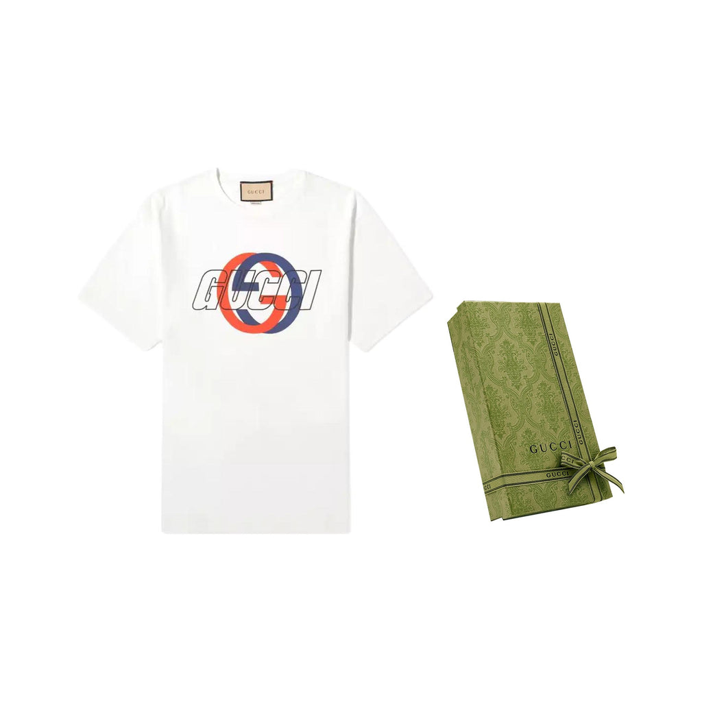 Kaos Lengan Pendek Leher Bulat dengan Cetakan Logo GUCCI SS24, Unisex, Putih